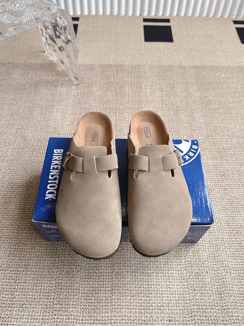 Birkenstock Boston taupe suede mule clogs